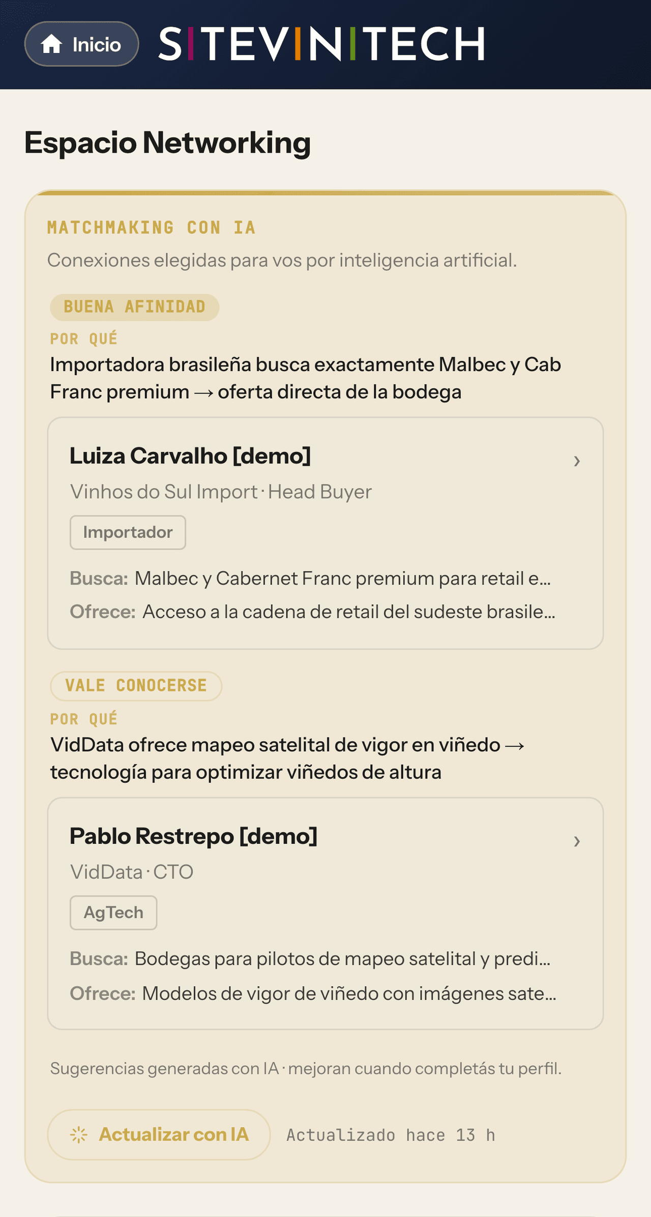 Pantalla de networking de Circli con personas sugeridas por IA