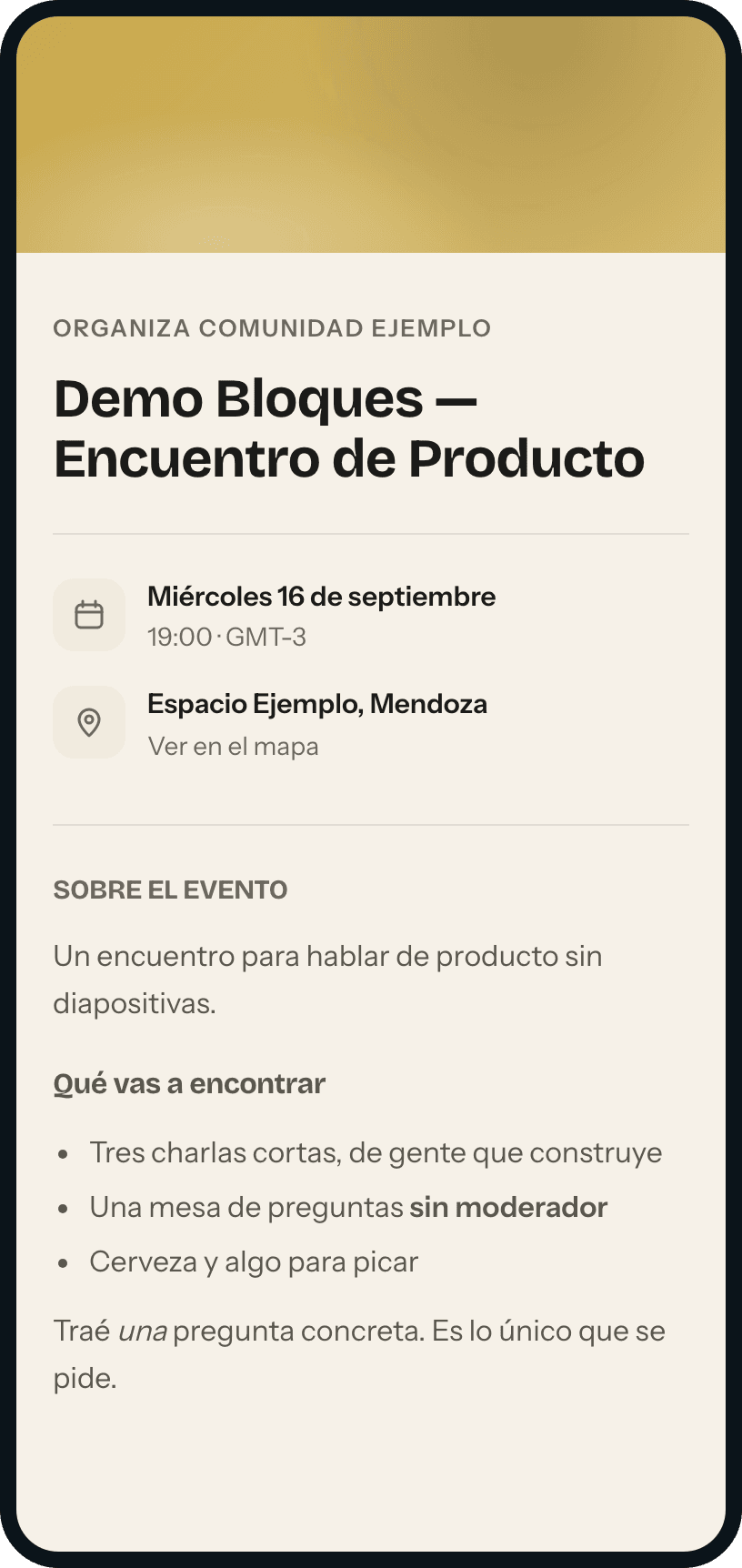 La página de un evento del plan gratis, tal como la ve un invitado desde el celular.