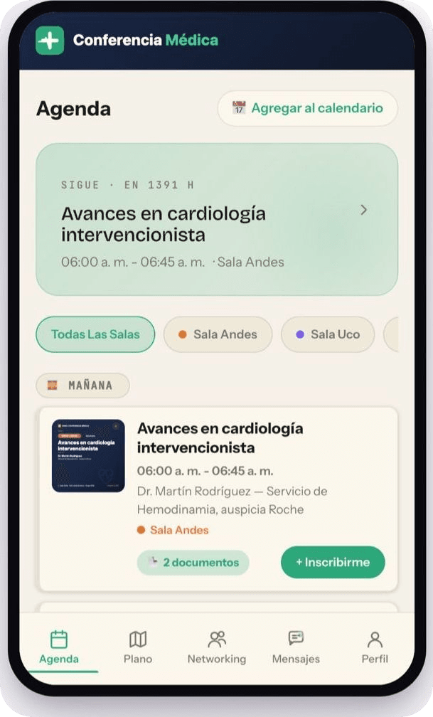 App de Circli mostrando la agenda en vivo de un evento