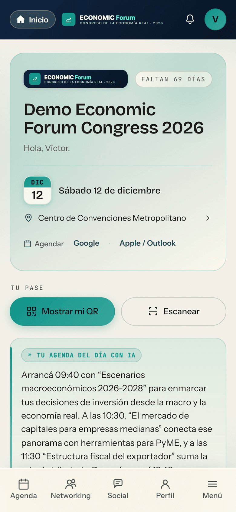El inicio del portal: el evento, el pase y el plan del día.