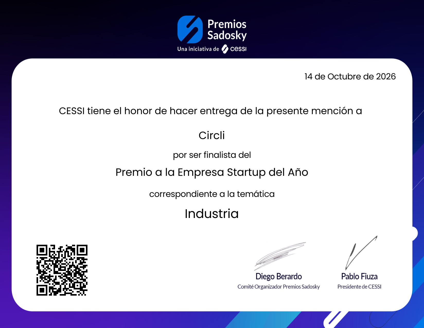 Credencial de los Premios Sadosky: CESSI entrega a Circli la mención por ser finalista del Premio a la Empresa Startup del Año, temática Industria, 14 de octubre de 2026